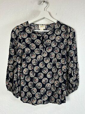 Anthropologie Maeve Womens Confetti Ball Blouse Top Size 0 Navy White 3/4 Sleeve